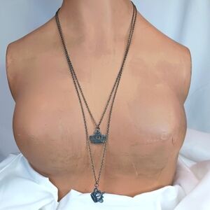 Set of 2 Stacked Gunmetal Crown Necklaces.